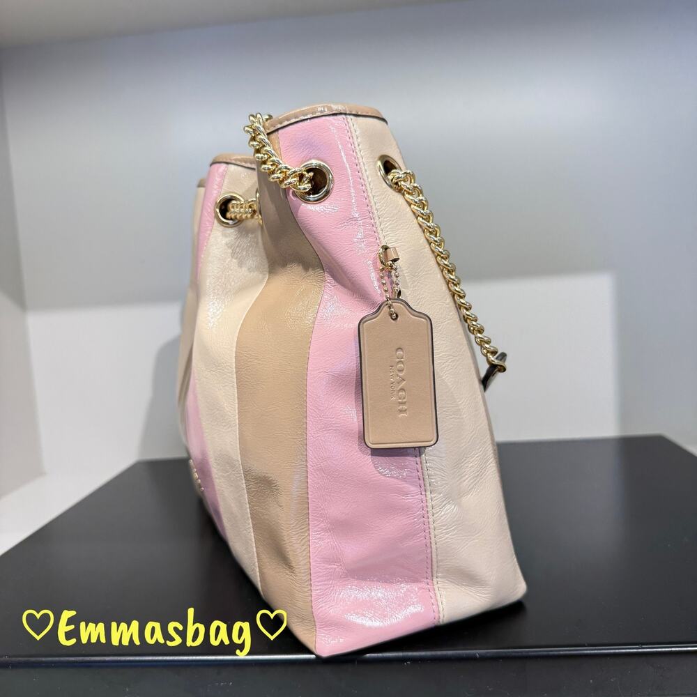 NWT Coach Evelyn Shoulder Bag With Striped Patchwork CDW41 Gold/Taupe Multi - Picture 3 of 8
